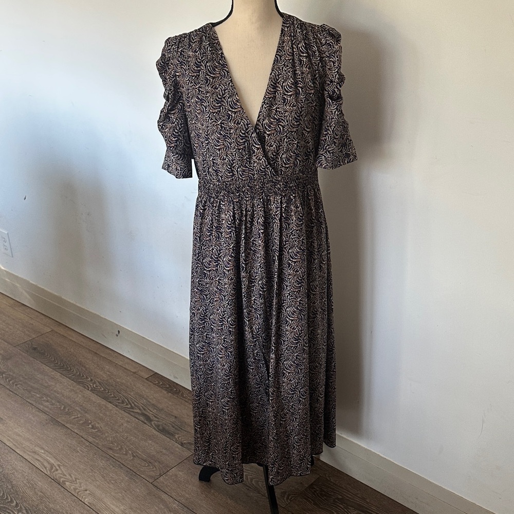 See U Soon Botanical Print Black Purple Grey Orange Patterned Midi Dress Large